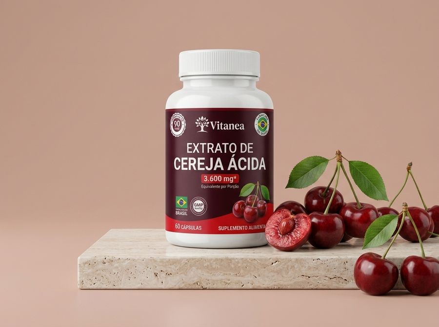 VITANEA Extrato de Cereja Ácida, frasco com cerejas frescas ao lado